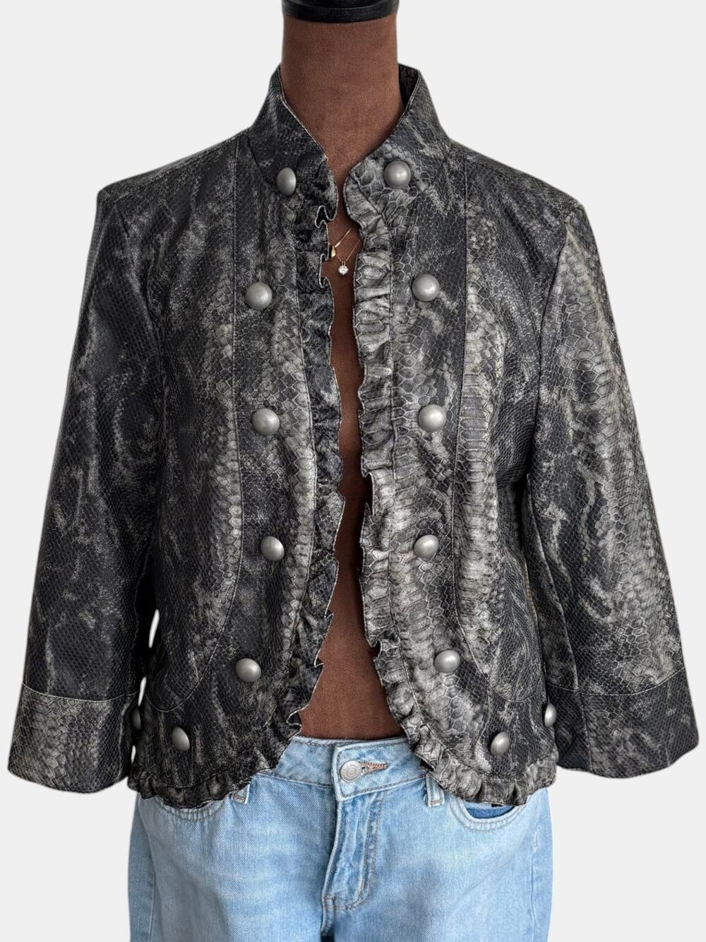 2010s Military Style Faux Snakeskin Blazer Ruffle Trim Dome Buttons Crop Medium
